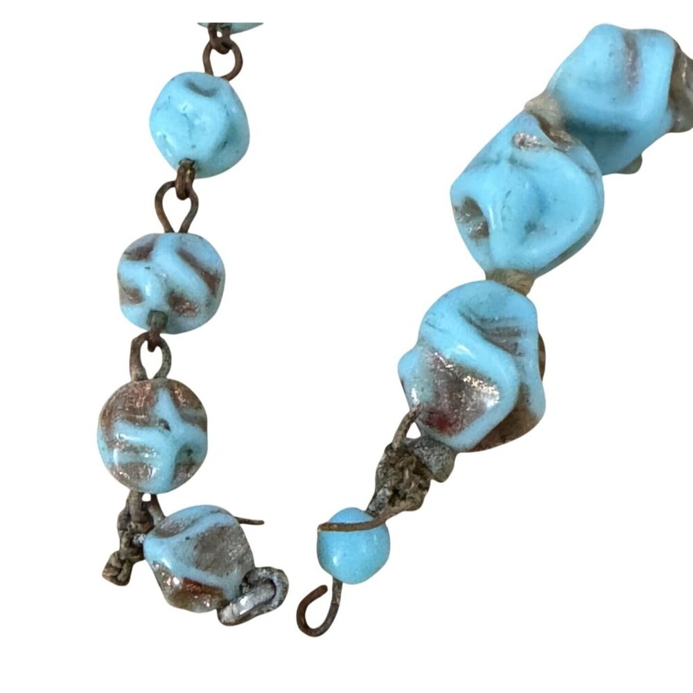 1950 Murano Glass Necklace Aventurine Gold Flecked Turquoise Nugget Beads 14.5" - Picture 6 of 7
